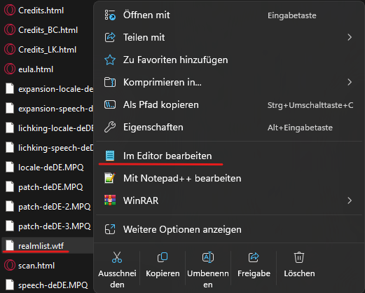 Realmlist-Datei im Kontextmenü öffnen